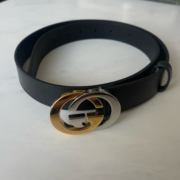 Gucci Black Leather Two-Tone Interlocking G Belt - Picture 2 of 9